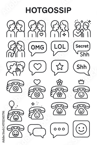 A collection of thin line vector icons representing gossip, secrets, romantic conversations, and social communication with retro telephones and chat bubbles