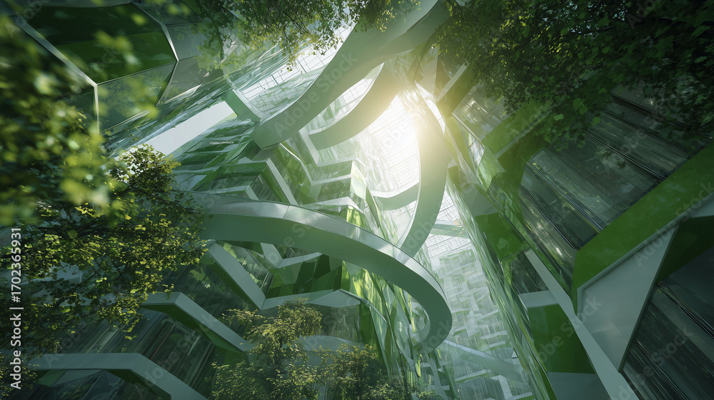 Obraz premium View of a futuristic green architectural complex with winding structures and glass elements illuminated by sunlight, surrounded by lush plants and trees inside the space.