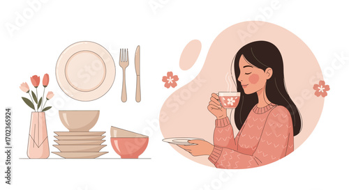 Cozy Atmosphere: A Woman Enjoys Tea Time With Elegant Tableware And Floral Decoration
