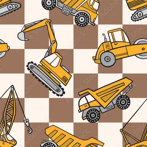 Seamless vector pattern with hand drawn construction trucks on checkered background. Perfect for textile, wallpaper or nursery print design. EPS10 vector file.