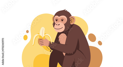 Cheerful Monkey Enjoying a Banana, Sitting on a Yellow-Toned Background