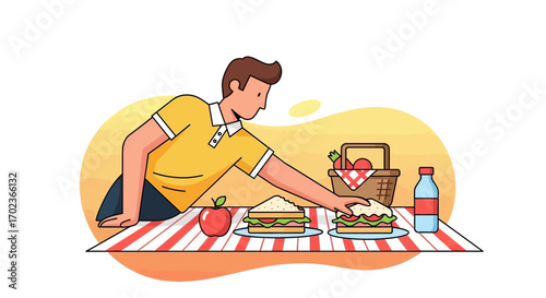 Cheerful Person Preparing A Picnic With Sandwiches, Apple, And Refreshments