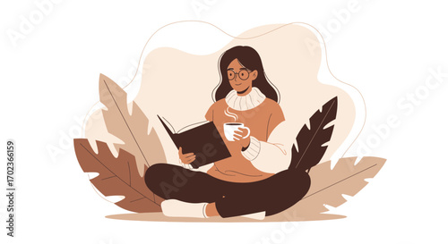 Cozy Woman Reading Book and Sipping Coffee Illustration, Vector Graphic of Solitude