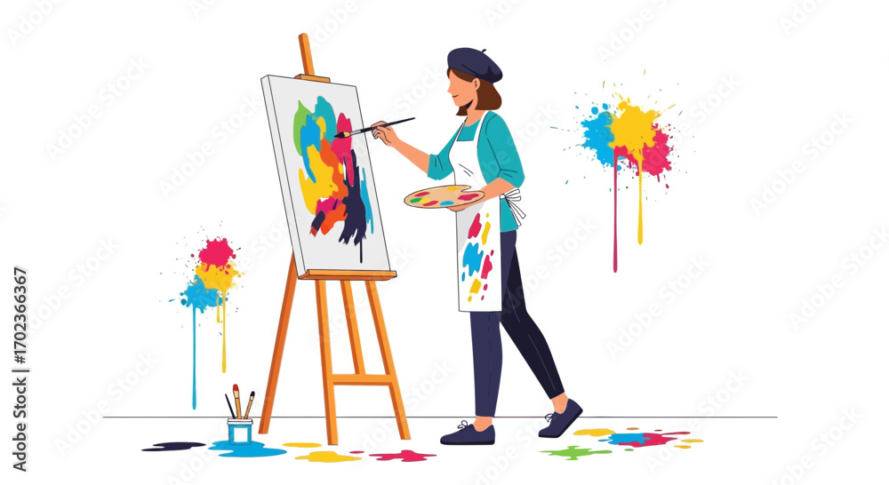 Fototapeta premium Creative Artist Painting Abstract Artwork With Palette in Art Studio Depicting Color Splashes