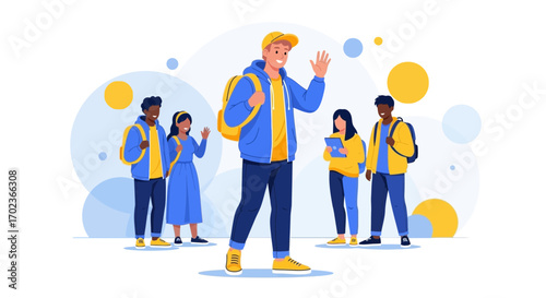 Cheerful Students Greet and Wave in a Friendly and Welcoming Group Scene