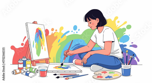 Creative Artist Embracing Vibrant Hues, Crafting Colorful Masterpieces, Illustrative Scene
