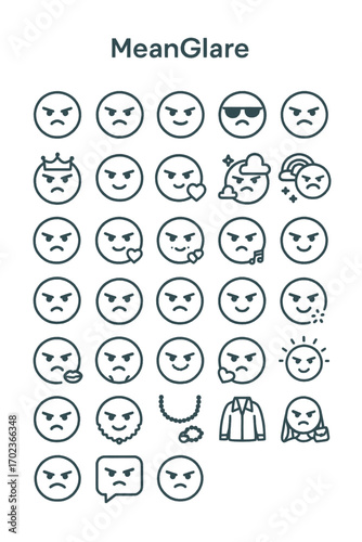 Collection of Mean Glare Emoticons Showing Various Emotions and Expressions, Including Anger, Sadness, and Displeasure