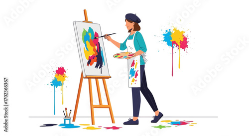 Creative Artist Painting Abstract Artwork With Palette in Art Studio Depicting Color Splashes