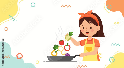 Cheerful Woman Cooking Fresh Vegetables In a Frying Pan For Nutritious Healthy Food