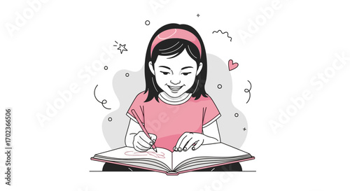 Creative Child Focused on Sketching In Her Notebook, Happy Smiling, Minimalistic Style