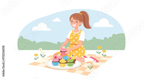 Cheerful Woman Enjoying Cupcakes Outdoors On A Sunny Day With Flowers