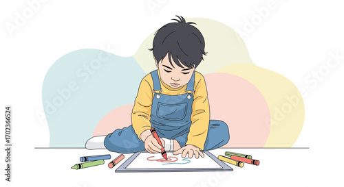 Creative Child Sitting Down and Drawing With Crayons Creating Colorful Artwork