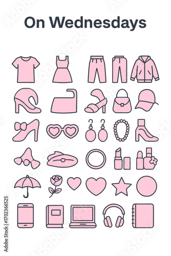 Collection of everyday essential items and fashion accessories presented in a stylish pink-themed icon set for a modern lifestyle