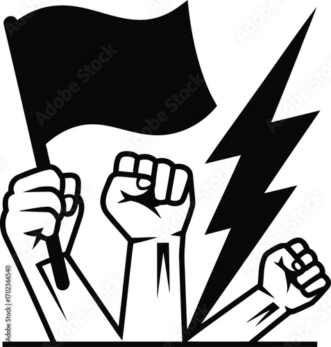 Powerful Symbol of Solidarity and Resistance Featuring Raised Fists A Black Flag and A Lightning Bolt Promoting Strength and Social Change