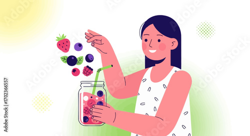 Cheerful Woman Preparing a Refreshing Smoothie with Fresh Berries for Healthy Lifestyle