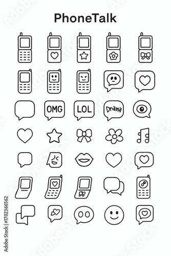 A collection of Y2K communication icons featuring retro mobile phones and early internet slang in chat bubbles