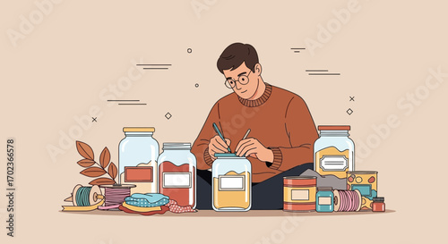Creative Crafting: A Man Carefully Labels Jars For Custom Preserves And Packaging