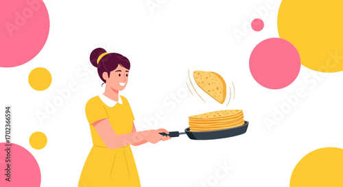 Cheerful Woman Skillsfully Flipping Pancakes in a Pan  Kitchen Cooking Concept