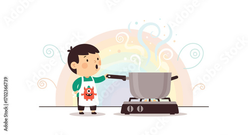 Cheerful Young Cook Shows Amazement While Preparing Food on a Modern Cooktop