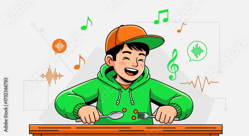Cheerful Young Person Illustratively Preparing a Meal with Musical Sound Wave Elements