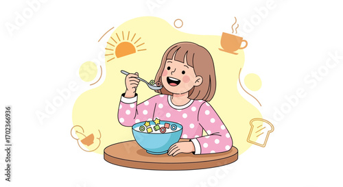 Cheerfull Toddler Consuming Cereal In The Morning With a Smile, Ready For The Day