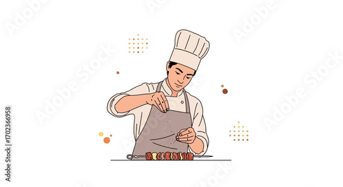 Chef Adding Seasoning To A Skewer Of Delicious Grilled Kabobs Illustration