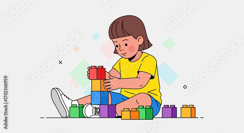 Creative Playtime: A Young Child Joyfully Building Colorful Blocks for Construction