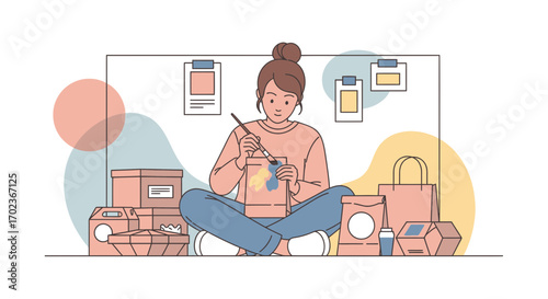 Creative Young Woman Is Painting Artwork On A Paper Bag With Supplies Around Her