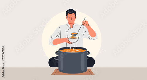Chef Carefully Ladling Soup Into a Bowl, Culinary Professional at Work in a Kitchen