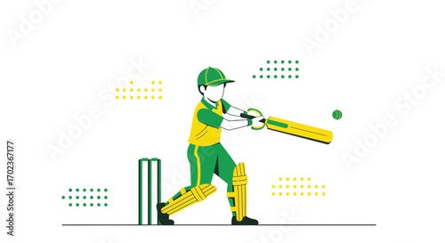 Cricket Player Hitting Ball Illustration Depicting Dynamic Sport Action in Green And Yellow