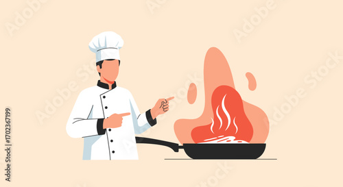 Chef Cooking Culinary Art With Burning Food Illustration Style And Artistic Composition