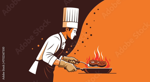 Chef Cooking Steak On Grill With Intense Flames And Passionate Culinary Arts