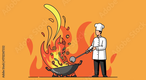 Culinary Artist Cooking With Fire, Chef Preparing Food In a Stylish Illustration