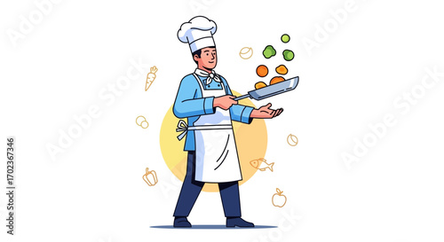 Culinary Artist Demonstrates Skillful Frying Technique With Fresh Ingredients and Culinary Arts