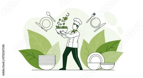 Chef Crafting Culinary Creation: Vibrant Vegetable Dish Amidst Green Foliage