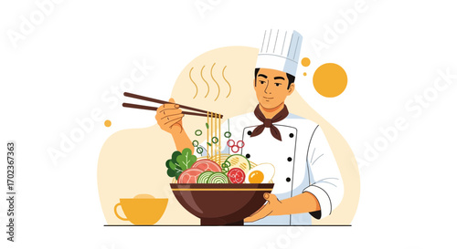 Chef Crafted Culinary Artistry: A Delicious Ramen Bowl Presentation Illustration
