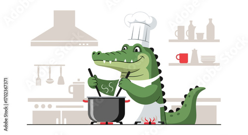 Chef Crocodile Cooking Delicious Meal in a Modern Kitchen Illustration