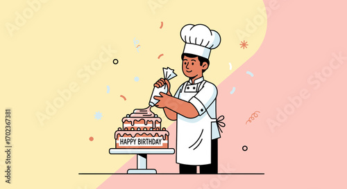 Chef Decorating Birthday Cake Illustration With Festive Abstract Shapes And Colors