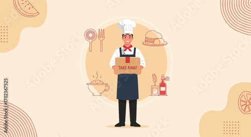 Chef Delivering Takeaway Food in Modern Illustration with Restaurant Elements and Decorative Touches