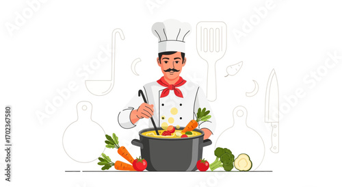 Culinary Chef Preparing Delicious Soup in a Modern Kitchen, Vector Illustration