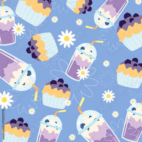 Various milkshake seamless pattern. Mango, kiwi and strawberry milkshake. Smoothies cartoon