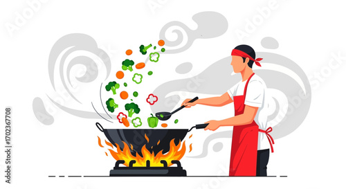 Chef Expertly Stir-Frying with Vegetables in a Wok on a Fiery Stove Illustration