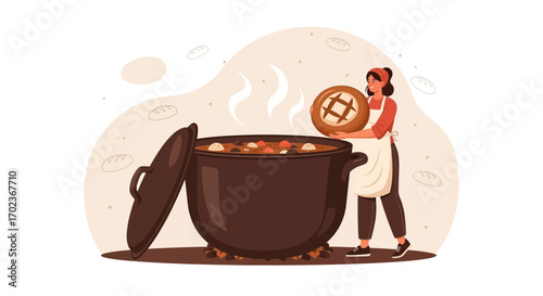 Culinary Creation Woman Presenting Freshly Baked Bread Next To A Hearty Stew