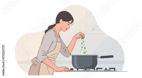 Culinary Endeavor: A Woman Infuses Flavor Into Culinary Creation In Kitchen