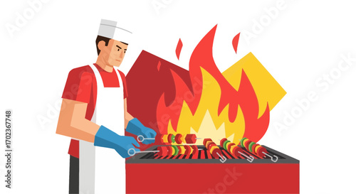 Chef Grilling Colorful Skewers Over Flames Preparing A Mouthwatering Barbecue Meal