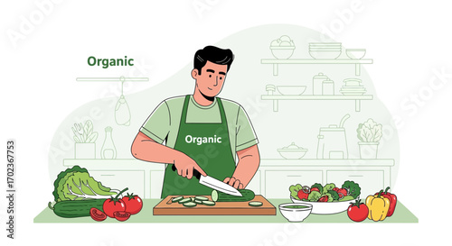 Culinary Illustration Featuring Man Chopping Fresh Vegetables for Healthy Organic Meal Prepared