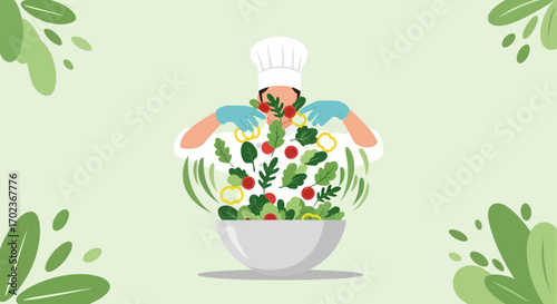 Culinary Master Preparing Fresh Salad with Gourmet Ingredients and Vibrant Green Aesthetics