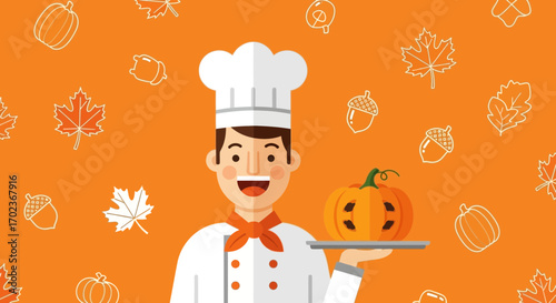 Chef Holding Pumpkin On A Tray With Autumnal Background Artwork Illustration