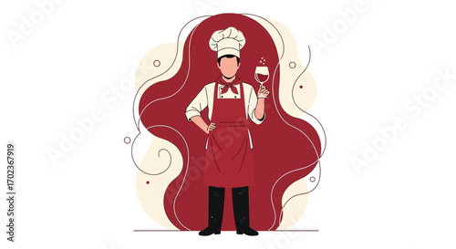 Chef Holding Wine Glass In Artistic Illustration With Bold Red Background And Apron
