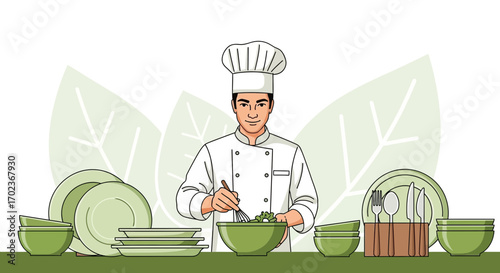 Culinary Professional Preparing Fresh Bowl of Salad: A Healthy Plate Concept